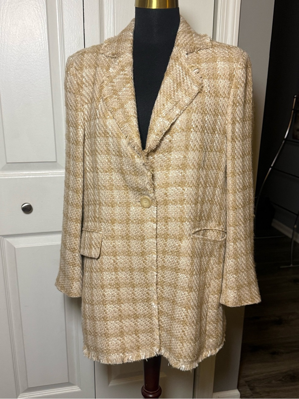 Johnston & Murphy Women’s Gold Tweed Long Blazer Jacket Size M